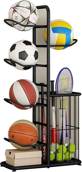 ARHAT ORGANIZERS Sports Equipment Ball Rack & Organiser, 5-Tier Storage with Side Racket Holder | Portable Vertical Stand for Basketball, Football, Volleyball & More | Metal (Black — Linkbiz SmartDeal's