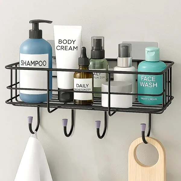 Plantex Bathroom Organiser Without Drill/GI Steel Self Adhesive Bathroom Shelf/Bathroom Stand for Wall/Bathroom Accessories Set Pack of 1 (Black, CED Powder Coated) — Linkbiz SmartDeal's