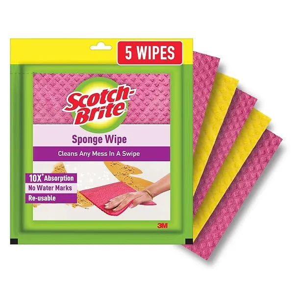 Scotch-Brite Sponge Wipes- Reusable, Kitchen and House Cleaning- Easy to use, Cleans any mess in a swipe, Absorbs water its own 10x weight, Multi- color, Biodegradable (pack of 5) — Linkbiz SmartDeal's