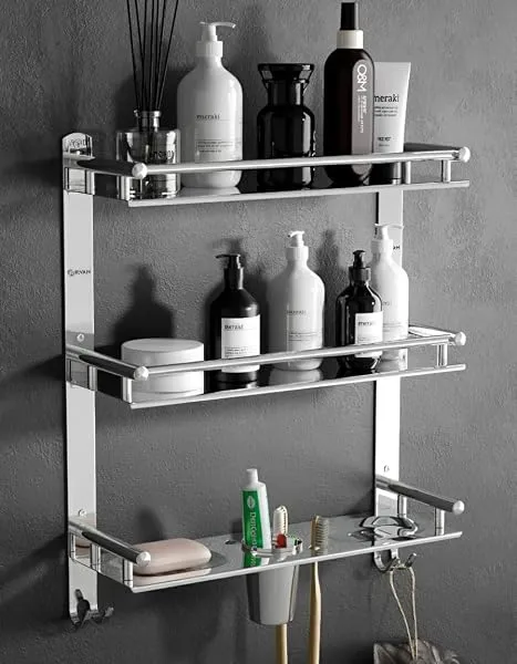 GRIVAN Stainless Steel 3 Layer/3 Tier Multipurpose Bathroom Shelf/Rack/Organizer/Stand/Holder with Double Soap Dish and Toothbrush Holder Tumbler Bathroom Accessories — Linkbiz SmartDeal's