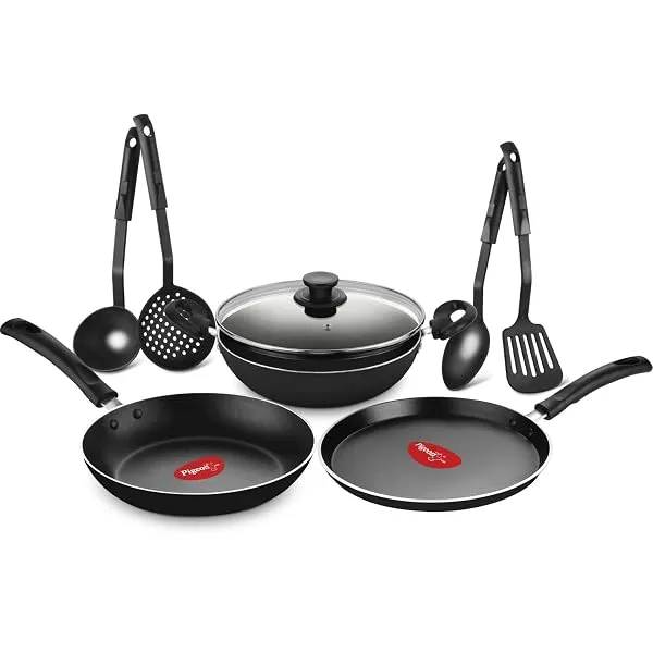 Pigeon Mio Nonstick Aluminum Cookware Gift Set, Includes Flat Tawa, Fry Pan, Kadai with Glass Lid, Kitchen Tool Set, Black, 8 Pieces — Linkbiz SmartDeal's