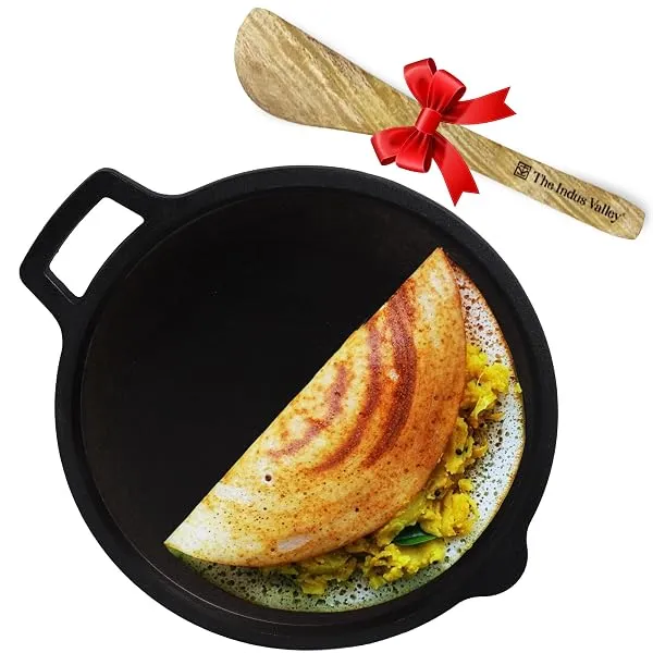 The Indus Valley Super Smooth Cast Iron Tawa with Free Wooden Spatula for Dosa/Chapathi | 27.6cm/10.8 inch, 2kg | Induction Friendly | Naturally Nonstick, 100% Pure & Toxin-Free — Linkbiz SmartDeal's