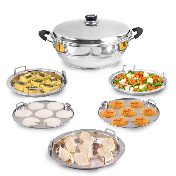 The Indus Valley Stainless Steel Idli Maker/Momo Maker/Multi Kadai/Steamer Set|Large, 5 Plates, 2 Idli|2 Dhokla|1 Steamer|29Cm/11.3 Inch, 4.2Ltr, 2.5Kg|3-Layer Thick Bottom|Inducti — Linkbiz SmartDeal's
