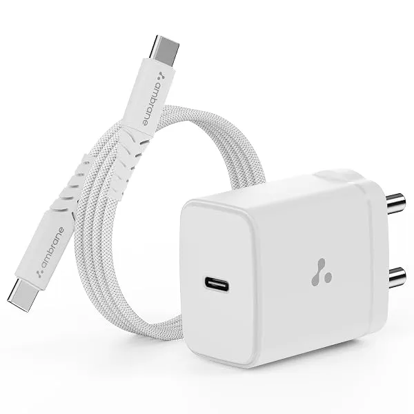 Ambrane 25W GaN Mobile Charger Adapter with Charging Cable | Fast Charging for Samsung Smartphones, iPhone 15/14/13/12/11/X & Pro Series & Other Type-C Devices (Charge 25, White) — Linkbiz SmartDeal's