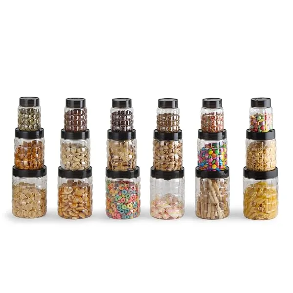 CELLO Checkers Kitchen Storage Container Box Set of 18 Pcs Grey (6x300ml, 6x650ml, 6x1200ml) | Transparent Unbreakable Fridge Safe Stackable Airtight Storage Canister Set For Spice — Linkbiz SmartDeal's