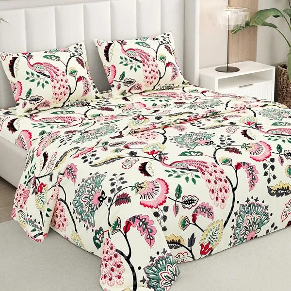 Rivermoor 200 TC Ultrasoft Bedsheet for Double Bed | Queen Size Bed Sheet with 2 Pillow Covers | Cream Floral Print | 88 x 96 Inches | Breathable & Hypoallergenic — Linkbiz SmartDeal's