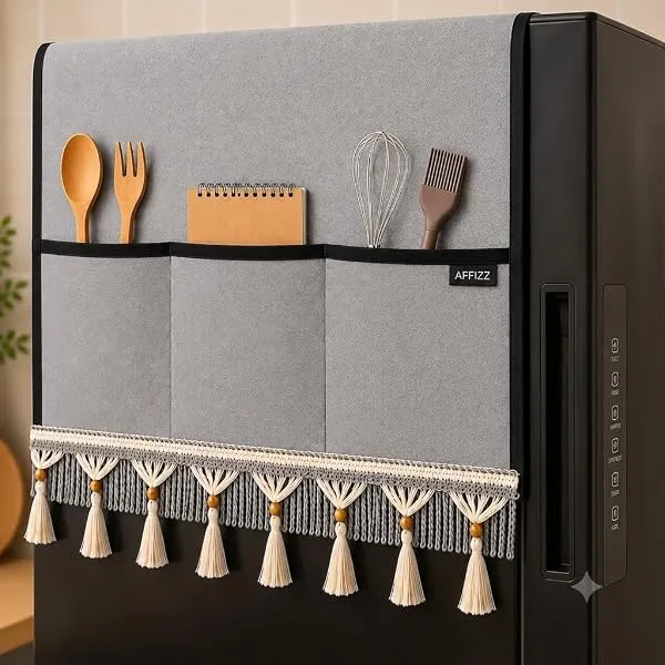 AFFIZZ Fridge Cover Top for Single Door Waterproof, Dustproof with Tassle Lace & 6 Side Pockets | Washable Polyester Refrigerator Cover Top, Organizer Fridge Top Cover (130 x 54 cm — Linkbiz SmartDeal's