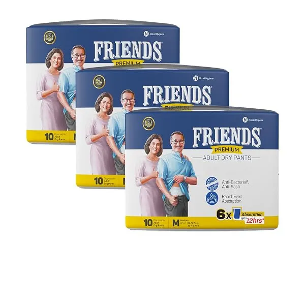 Friends Premium Adult Diaper M Size Pants | 30 Count (Medium) | Waist 25 – 48 inch |12 Hrs Protection | Leakproof | Quick & Even Absorption | Unisex| Wetness Indicator | Odour Lock — Linkbiz SmartDeal's