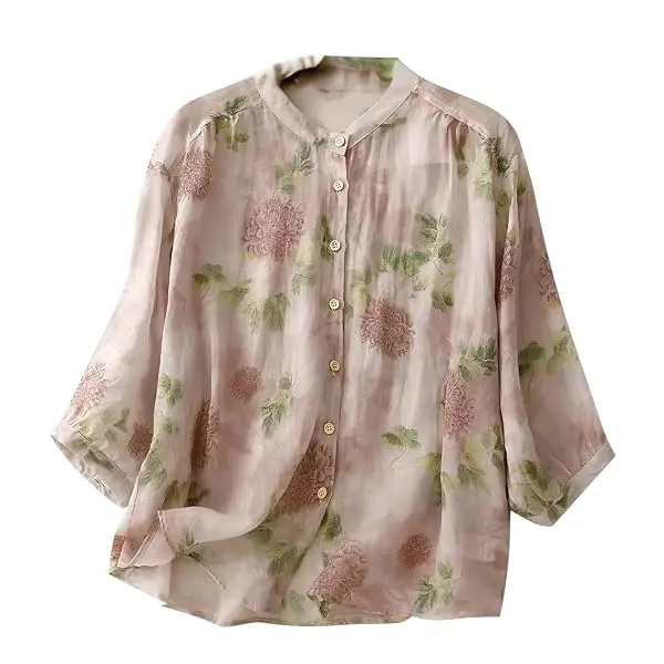 Gufrina Women’s Light Rose Floral Printed Button Down Shirt with Mandarin Collar and Relaxed Fit 3/4 Sleeves — Linkbiz SmartDeal's