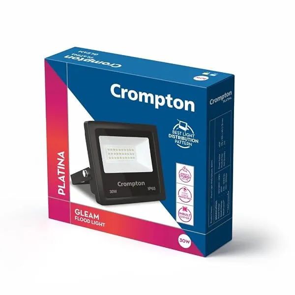 Crompton Aluminium Gleam 30W LED Flood Light | IP65, 6500K, Pack of 1 | Aluminium body for heat dissipation; IP65 waterproof; flexible mounting bracket; wide angle beam; energy sav — Linkbiz SmartDeal's