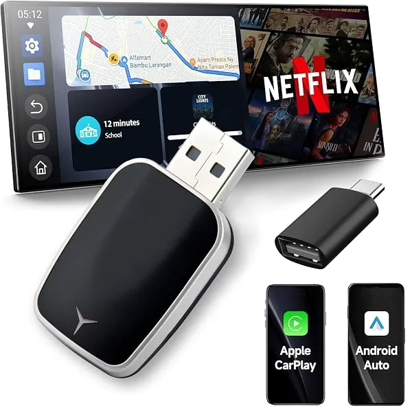 Shrandi 2-in-1 Wireless CarPlay and Android Auto Adapter, Plug and Play Dongle, Fast Auto-Connect, No Delay, for iPhone and Android, USB/USB-C Port, Black (Carplay-2102) — Linkbiz SmartDeal's