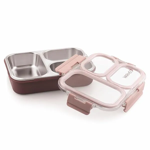 WARMEO BENTO Microwave-Safe Stainless Steel Lunchbox with 3 compartments,bpa Free,Perfect for Office, School, Travelling, 750ml-brown — Linkbiz SmartDeal's