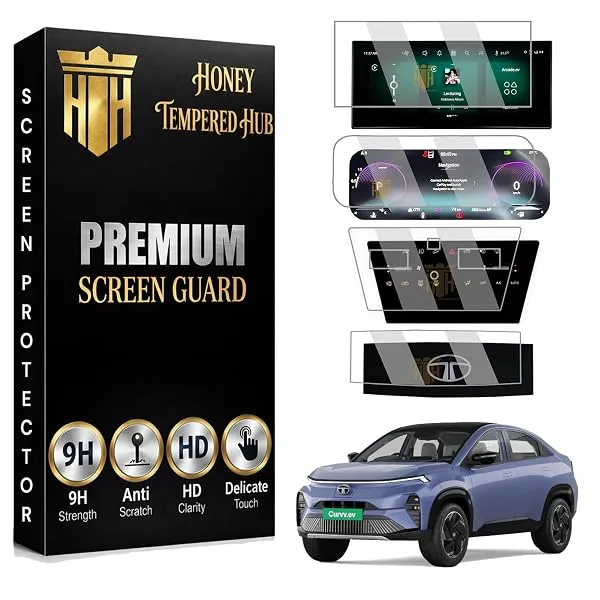 HONEY TEMPERED HUB (4 PACK) Screen Guard For NEW TATA CURVV EV 2024-2026 / 12.3 INCH INFOTAINMENT [SHARP CORNERS] + INSTRUMENT CLUSTER + STEERING + AC PANEL Protector / Curvv.EV Em — Linkbiz SmartDeal's