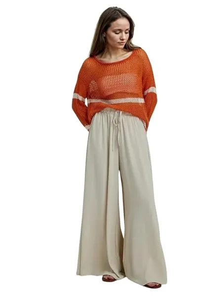KOTTY Women's Wide-Leg Trouser|Palazzo Pants|High Waist Flowy Trousers with Drawstring|Lightweight Casual & Travel Wear|Women Trousers Pants — Linkbiz SmartDeal's