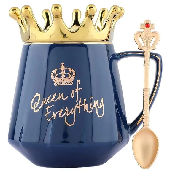 NYRWANA Coffee Mug, Birthday Presents for Woman, Mugs for Present, Birthday Gifts for Sister, Diwali Gift, Cute Coffee Mug, Queen of Everything Mug with Golden Crown & Spoon (350ml — Linkbiz SmartDeal's