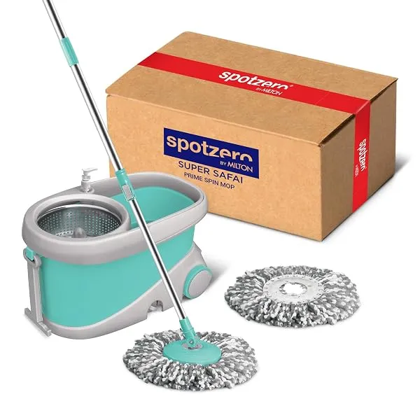 Spotzero by Milton Prime Stainless Steel Wringer Spin Mop with Big Wheel, Puller Handle, Bucket Floor Cleaning and Mopping System 360° Flexible,2 Microfiber Refills, Big Size, Aqua — Linkbiz SmartDeal's