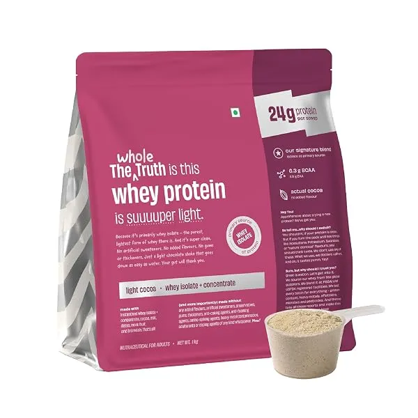 The Whole Truth Whey Protein Isolate+Concentrate | Light Cocoa 1kg (2.2 lbs) | 24g Protein per scoop | 6.3g BCAA | No Adulteration | Clean, Light & Easy to Digest | Vegetarian | No — Linkbiz SmartDeal's