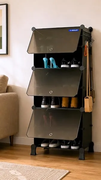 BOXJOY 6 Shelf Shoe Rack with 3 Doors, 5 Hook Steel Holder & Wooden Hammer | Shoes Stand Cabinet for Home Storage PP Plastic Organizer with Metal Door Frame to Cover Chappal Slippe — Linkbiz SmartDeal's