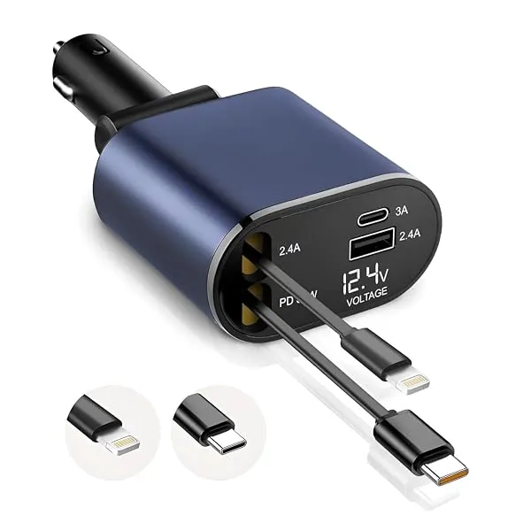 GadgetBite VOLT Car Charger 120 Watt 4 in 1 Charger with Retractable Cables & Dual Ports Type C cable and Lightning cable Super Fast Charger Compatible With iPhone 17 to 11 Pro Max — Linkbiz SmartDeal's