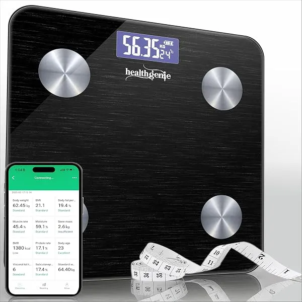 Healthgenie Advanced BMI Weight Machine,Body Fat Analyzer With Smart Circut For Longer Battery, Sync With App, 18 Body Metrics Weighing Scale (Midnight Shadow)1 YR Warranty,Free As — Linkbiz SmartDeal's