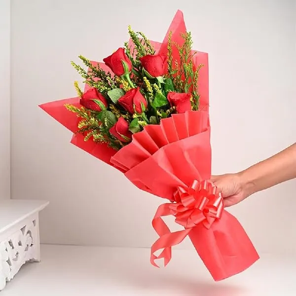 FlowerAura Premium Fresh Live Flower Bouquet of 6 Red Roses In Wrapping Paper Gift For Birthday | Anniversary | Love | Home Decor | Fathers Day Gift For Dad (Same Day Delivery) — Linkbiz SmartDeal's