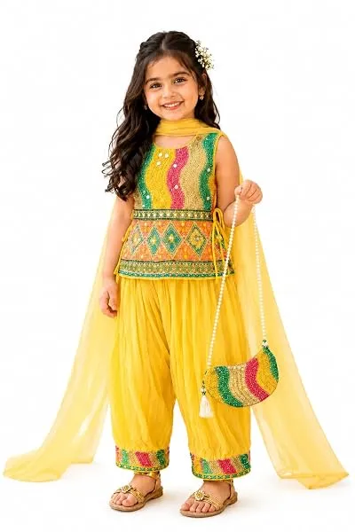Bongprince Girls Clothing Set Yellow Embroidered Salwar Suit with Dupatta — Linkbiz SmartDeal's