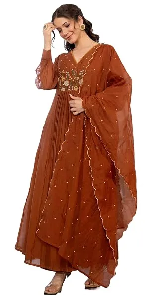 Nermosa Women Embroidery Solid Anarkali Kurta and Pant Set with Dupatta — Linkbiz SmartDeal's