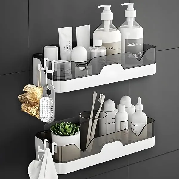 House of VIPA Wall Mounted Bathroom Shelf Organizer | 2 Tier Plastic Bathroom Rack with 4 Hooks | No Drill Adhesive Bathroom Accessories for Shampoo, Soap & Toiletries — Linkbiz SmartDeal's
