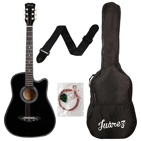 Juârez Acoustic Guitar Kit, JRZ38C/BK 38 Inch Cutaway, 038C with Bag, Strings, Pick and Strap, Black — Linkbiz SmartDeal's
