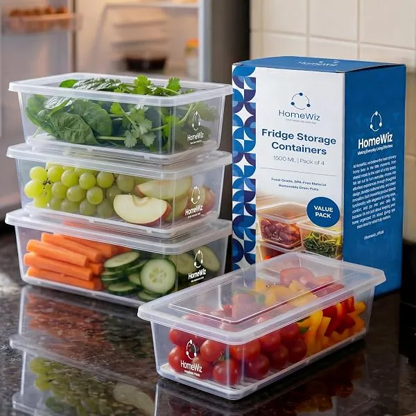 HomeWiz Fridge Storage Containers 1500ml x4 |Air Tight Storage Container Set With Removable Drain Plate|Fridge Organiser Storage Boxes|Food Grade Plastic Containers, Stackable For — Linkbiz SmartDeal's