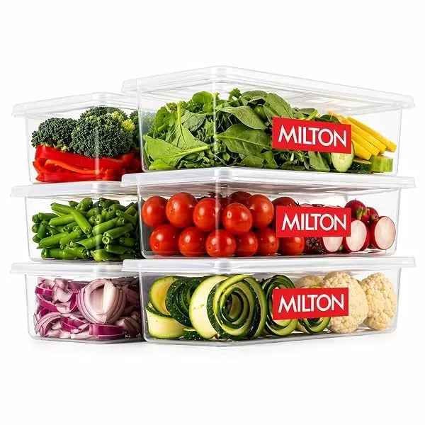 MILTON Cryo Fridge Storage Boxes Set of 6 Fridge Organizer Container with Waterproof Vinyl Stickers & Removable Drain Plate, Lid, Stackable Box, Plastic Containers 1500 ml, Transpa — Linkbiz SmartDeal's