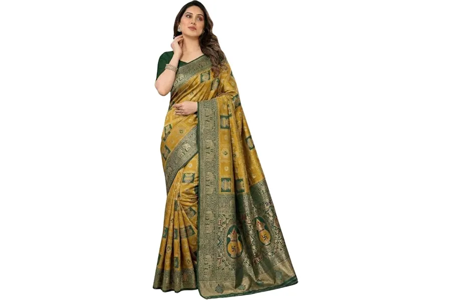 C J Enterprise Women's Kanjivaram Silk Saree Woven Patola Banarasi Soft Sarees Zari With Blouse — Linkbiz SmartDeal's