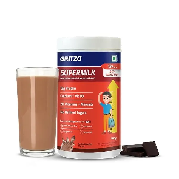 Gritzo SuperMilk Growth+ (13+ Boy), Double Chocolate, 400g | 13g Protein with 20 Vitamins & Minerals | Zero Refined Sugar — Linkbiz SmartDeal's