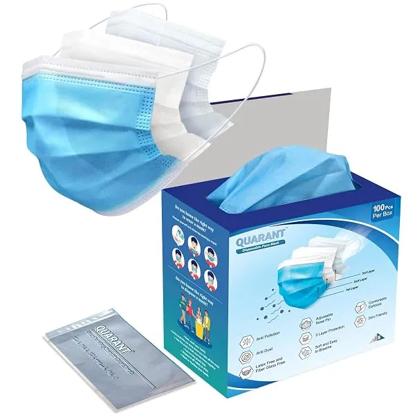 QUARANT Meltblown - SMMS 3 Ply Disposable Face Mask (Blue, Pack of 100) | With Nose Clip and Reusable Travel Pouch for Men & Women — Linkbiz SmartDeal's