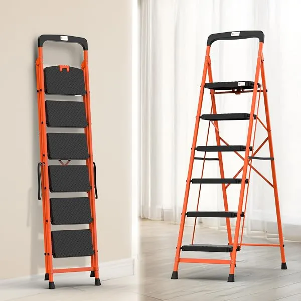 BonKaso Climb Easy 6 Step Heavy Duty Foldable Steel Kitchen Ladder for Home, Office & Outdoor Use with Anti-Slip Wide Durable Plastic Steps, Support Handle & Tool Tray (Orange & Bl — Linkbiz SmartDeal's
