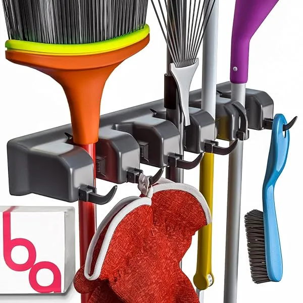 Berry Ave Broom Holder & Wall Mount Garden Tool Organizer - Home Laundry Room, Kitchen, Closet, Shed, Garage Organization & Storage Utility Rack - 5 Slots & 6 Hooks -Rake, Shovel, — Linkbiz SmartDeal's