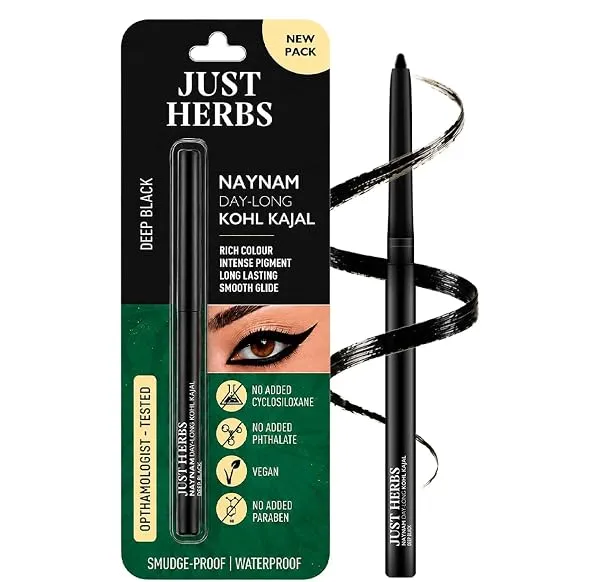 Just Herbs Naynam Day- Long Kohl Kajal | Cyclosiloxane-Free | Almond Oil + Vitamin E | Intense Black | 24-Hour Stay, Smudge-proof & Waterproof | Ophthalmologist-Tested | 0.3g — Linkbiz SmartDeal's