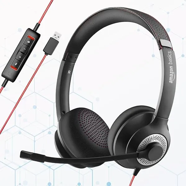 Amazon Basics Pro Series Wired USB On Ear Headset with Mic | 40 mm Driver | Computer/PC or Laptop Headphone | Noise Cancellation Microphone | in-line Control for Home, Office, Team — Linkbiz SmartDeal's