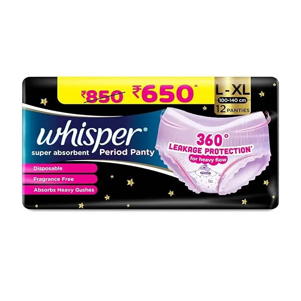 Whisper Super Absorbent Period Panty, 12 L-XL Pants, 360 Degree Leakage Protection* for Heavy Flow, Panty like Fit, Full back Coverage, Absorbs Heavy Gushes, Silky Soft, Comfortabl — Linkbiz SmartDeal's