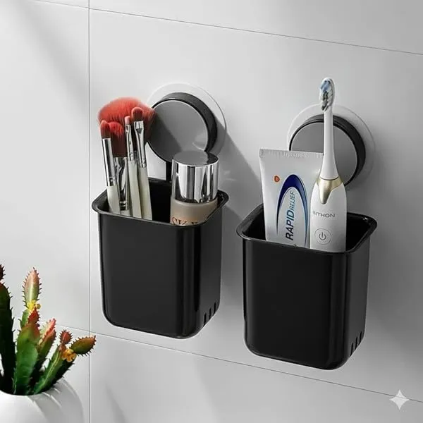 Wall-Mounted Tooth Brush Holder Bathroom - Self-Adhesive Bathroom Organiser Without Drill for Toothbrushes, Toothpaste and Makeup Brushes - Plastic Brush Holder for Bathroom (2, Bl — Linkbiz SmartDeal's