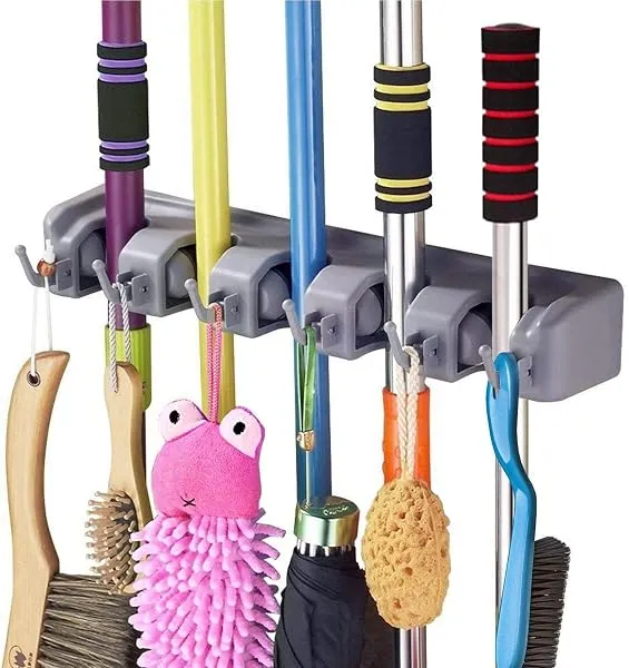 Dargoba 2 Pack Mounted, Broom Stick Mounted Stand, Storage Broomstick Brush Mount Organizer with Hanger Hooks (5 Slot 6 Hooks)- Grey — Linkbiz SmartDeal's