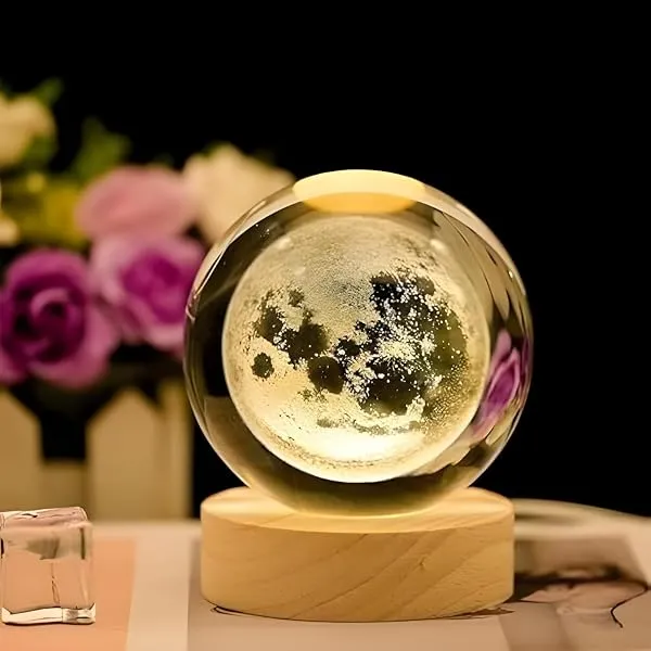 One94Store 3D Crystal Moon Lamp | Engraved Crystal Ball LED Night Light with Wooden Base, USB Powered | Romantic Home Décor & Valentine Day Gift for Her, Him & Couples (Warm White) — Linkbiz SmartDeal's