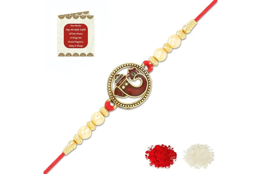 Riddhika Ventures Religious Gold Plated Meenakari Sacred Ganesha Rakhi with Roli Chawal and Gre — Linkbiz SmartDeal's