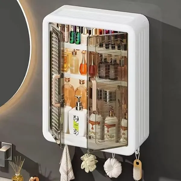 RIOMAX Plastic Wall Mounted Self Adhesive Bathroom Shelf Storage Cabinet for Kitchen Multipurpose Organizer with Doors and Shelves (Material- Plastic, White, Pack of 1) — Linkbiz SmartDeal's
