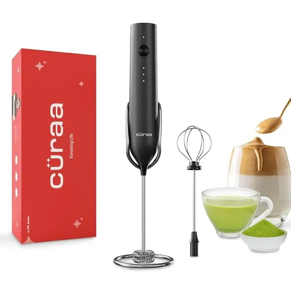 CÜRAA Coffee Frother Electric | Rechargeable, 3-Speed Milk Frother for Coffee with Stand | Handheld Coffee Beater Electric for Lattes, Cappuccino & Hot Chocolate | By Chef Sanjyot — Linkbiz SmartDeal's