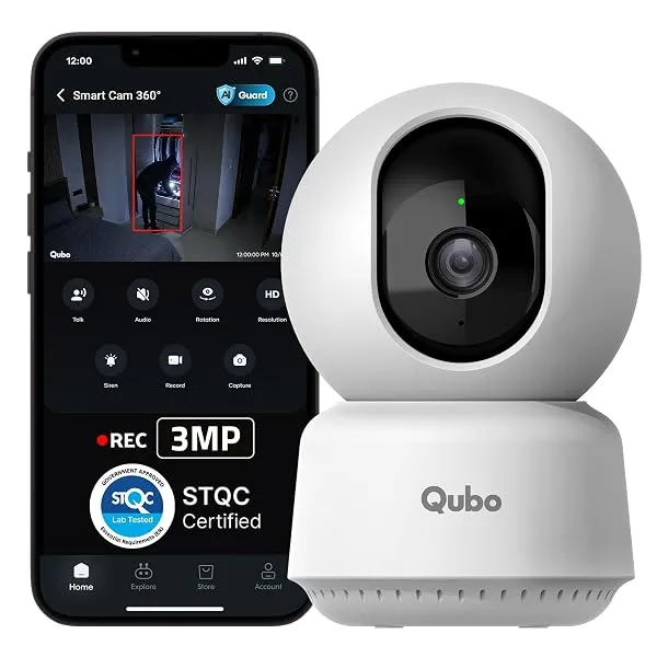 Qubo Smart Cam 360° 3MP | No SD Card Required, Records Directly on Cloud | 2026 Edition - by Hero Group | STQC Certified | AI Person Detection | Intruder Alarm | Night Vision | Two — Linkbiz SmartDeal's