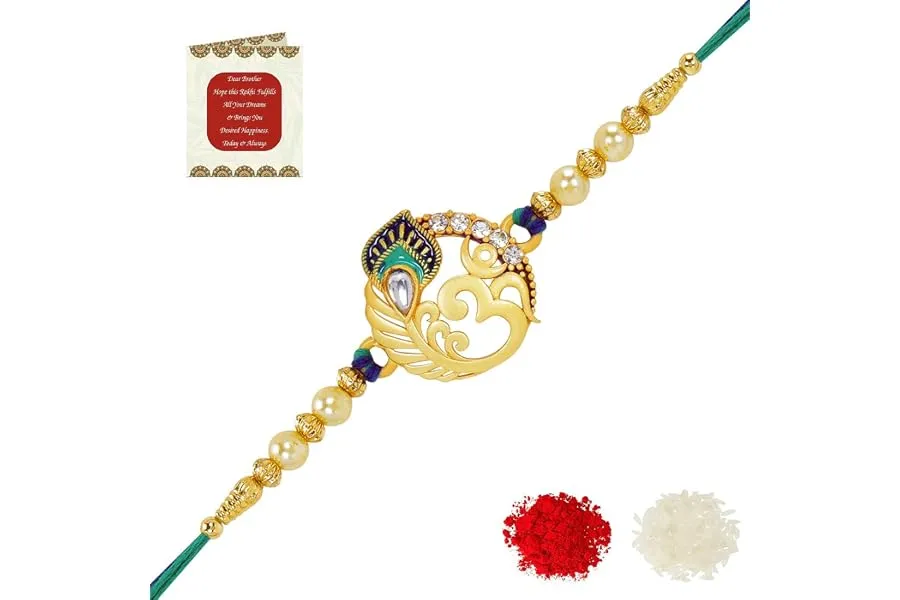 Riddhika Ventures Religious Meenakari Om and Peacock Feather Rakhi With Roli Chawal And Greetin — Linkbiz SmartDeal's