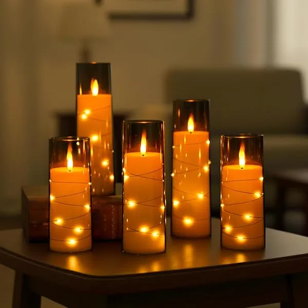 Amazon Basics LED Flameless Candles with String Light Effect Set of 5 (2 Pcs of 5.5x14 cm , 5.5x16, 5.5x18cm, 5.5x20 CM), Grey Acrylic material, Ivory Pillars, Steady Warm Light, R — Linkbiz SmartDeal's