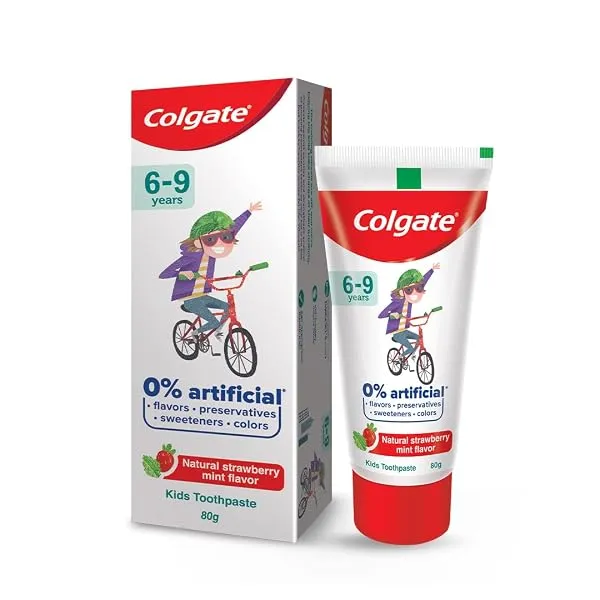 Colgate Kids Toothpaste with 0% Artificial Preservatives, Colours, Sweeteners for Whitening (6-9 Years, Natural Strawberry Mint Flavour - 80g Tube) — Linkbiz SmartDeal's