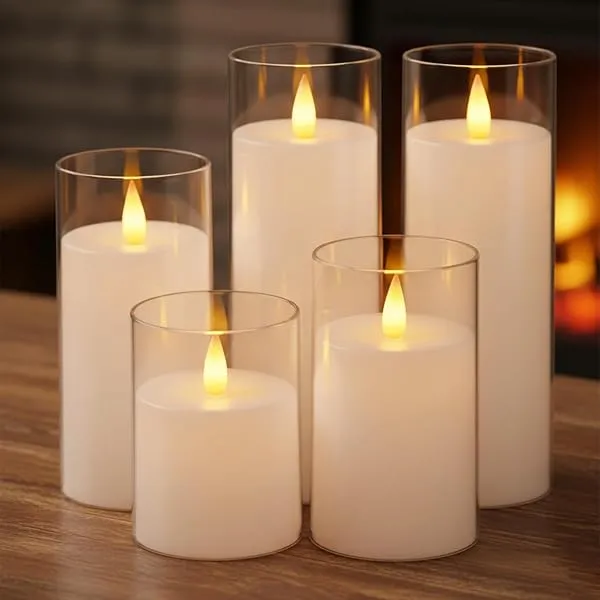 coku Set of 5 Flameless LED Pillar Candles with Acrylic Glass Holders, Realistic Flickering Moving Flame, Battery Operated, Smokeless Safe Decorative Candles Gift for Home, Wedding — Linkbiz SmartDeal's